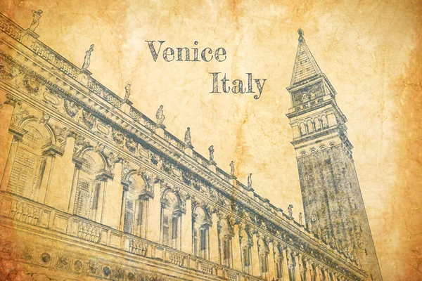 Klocktorn Markusplatsen Venedig Skiss Papper — Stockfoto