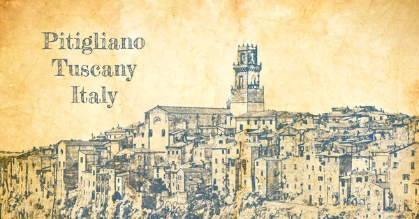 Skiss Pitigliano Stad Gammalt Papper Italien — Stockfoto