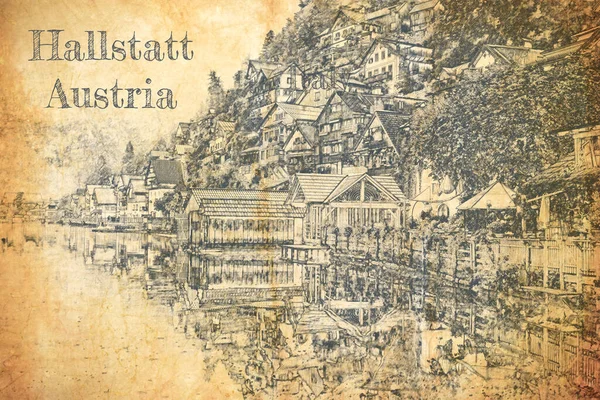 Sketch Hallstatt Lake Austria — стокове фото