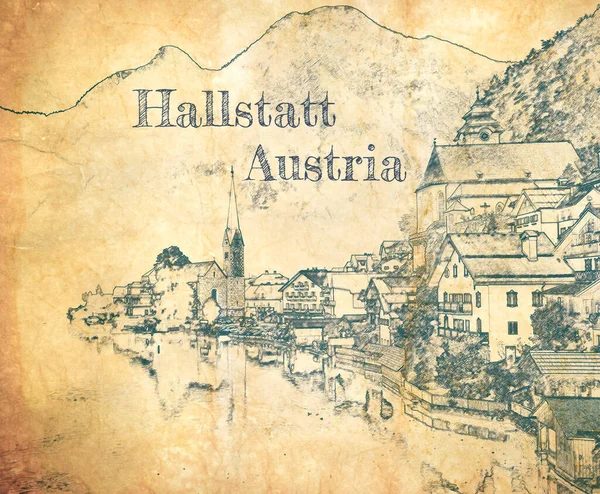 Hallstatt Oostenrijk Schets Oud Papier — Stockfoto