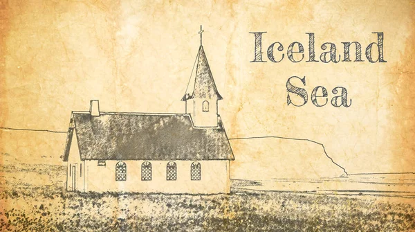 Sketch Small Church Sea Iceland — Stock Photo, Image