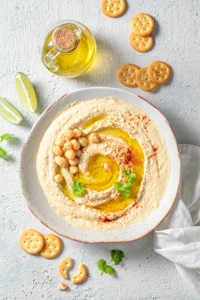 Lahodný Hummus Čerstvé Cizrny Oleje — Stock fotografie