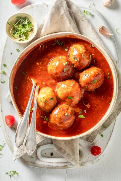 Vista Superior Albóndigas Con Salsa Tomate Queso — Foto de Stock