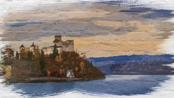 Watercolor timelapse of Niedzica castle by lake at autumn sunset — Stock Video