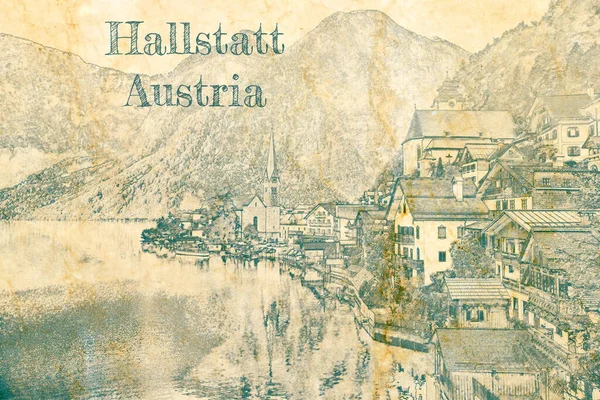 Avusturya Daki Hallstatt Eskizini Eski Kağıda Çizdim — Stok fotoğraf