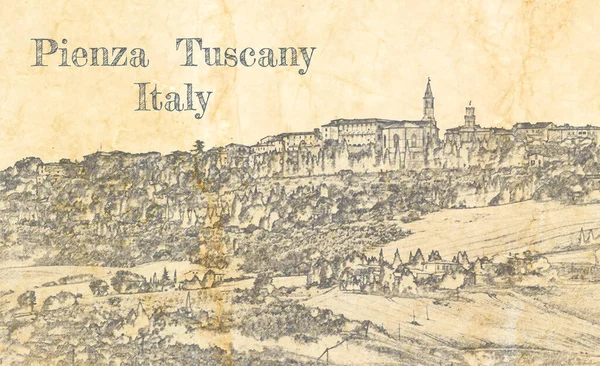 Skizze Von Pienza Tucany Auf Altem Papier Italien — Stockfoto