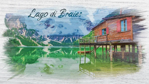 Pittura Acquerello Del Lago Braies Nelle Dolomiti — Foto Stock