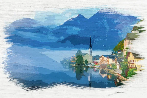 Μικρή Πόλη Στις Άλπεις Hallstatt Στην Αυστρία Ακουαρέλα Ζωγραφική — Φωτογραφία Αρχείου
