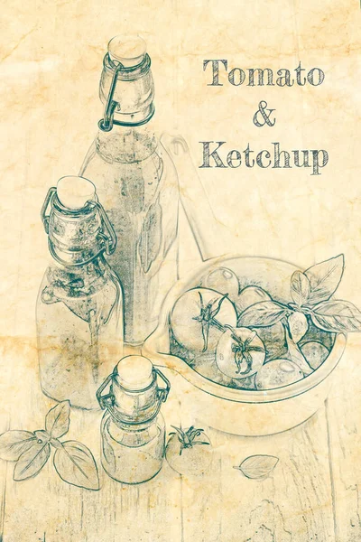 Ketchup Tomatoes Sketch Old Paper — Stock Photo, Image