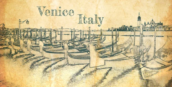 Houpací Gondoly Benátkách Itálie Náčrt Starém Papíru — Stock fotografie