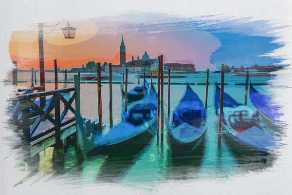 Swinging Gondolas Venice Sunrise Watercolor Painting — Stock Photo, Image