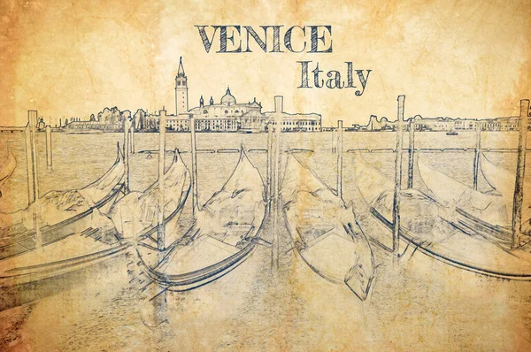 Gondolas Canal Grande Venedig Skiss Gammalt Papper — Stockfoto