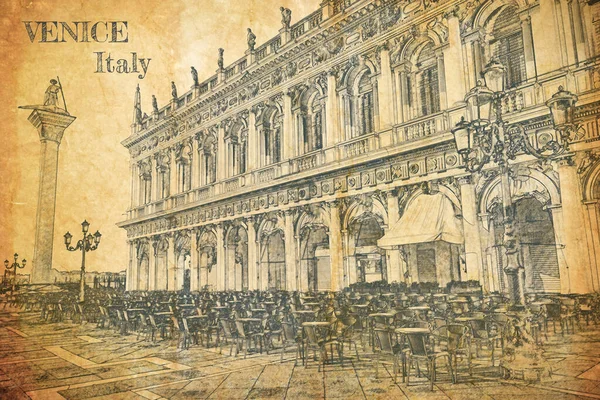 Restaurace Náměstí Marka Benátky Skica Starém Papíru — Stock fotografie