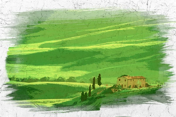 緑の水の色トスカーナフィールドと古い農家 イタリア — ストック写真