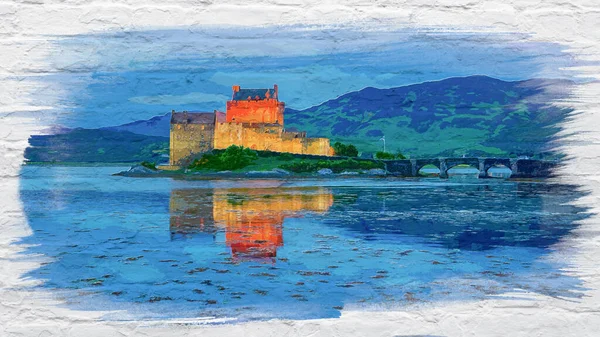 Watercolor Illuminated Eilean Donan Castle Night Scotland — Stock Photo, Image