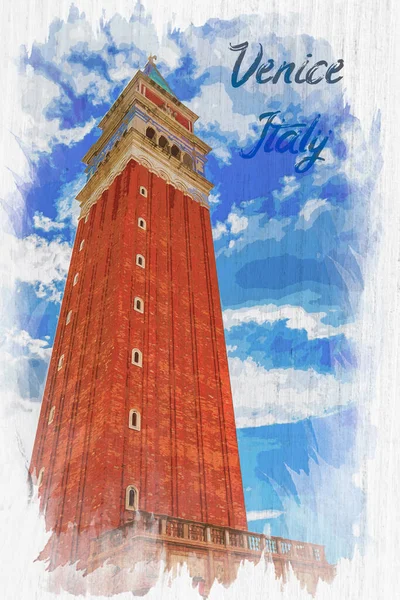 Akvarell Klocktorn Markusplatsen Venedig — Stockfoto