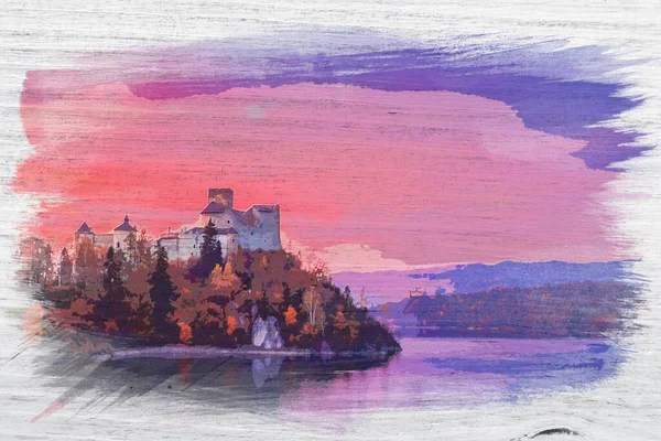 Aquarellmalerei Der Burg Niedzica See — Stockfoto