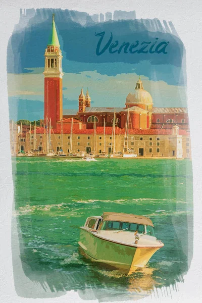 Motorbåt Canal Grande Venedig Akvarellmålning — Stockfoto