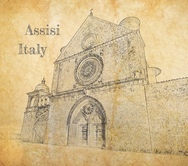 聖フランシス大聖堂 アッシジ イタリア 古い紙のスケッチ — ストック写真