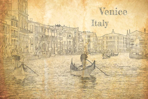 Venedik Teki Büyük Kanal Gondolcu Kağıda Çizim — Stok fotoğraf