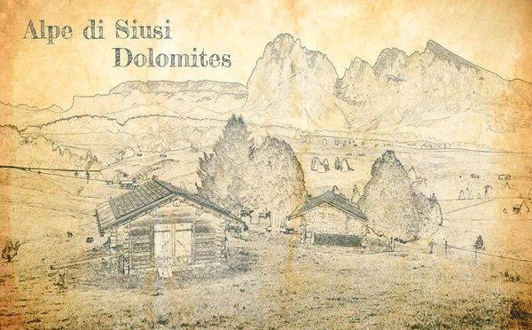 Dolomitler Deki Alpe Siusi Eski Kağıt Üzerine Çizim — Stok fotoğraf