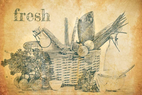 Basket Full Healthy Products Sketch Old Paper — Stock Photo, Image