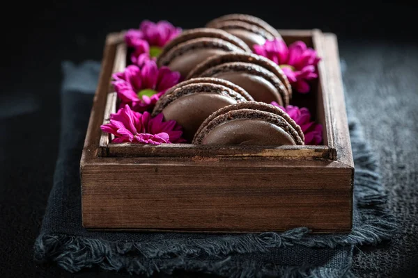 Closeup Chocolate Macaroons Tasty Dessert — Stock Photo, Image