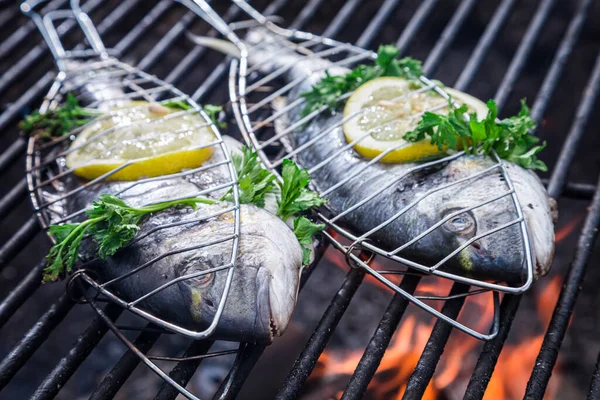 Griller Poisson Frais Avec Des Herbes Citron Sur Gril — Photo