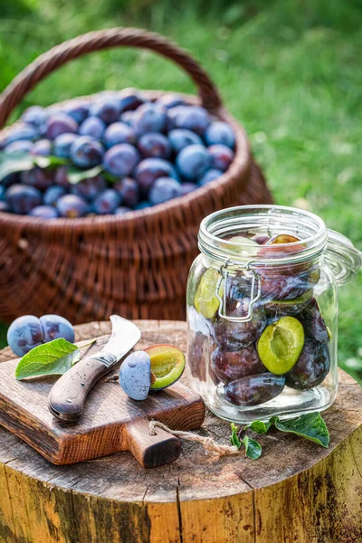 Preparação Compota Ameixas Com Açúcar Verão — Fotografia de Stock