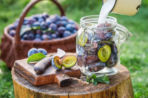 Prugne Sottaceto Naturali Con Zucchero Spezie Giardino — Foto Stock