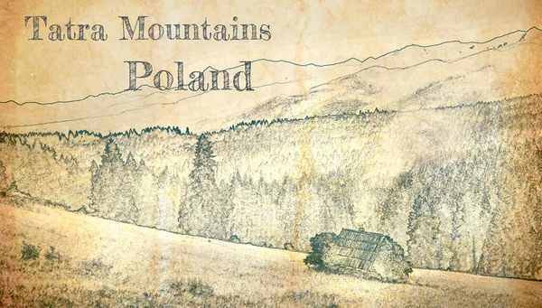 Wooden Cottage Tatra Mountains Sketch Old Paper — Stock Photo, Image