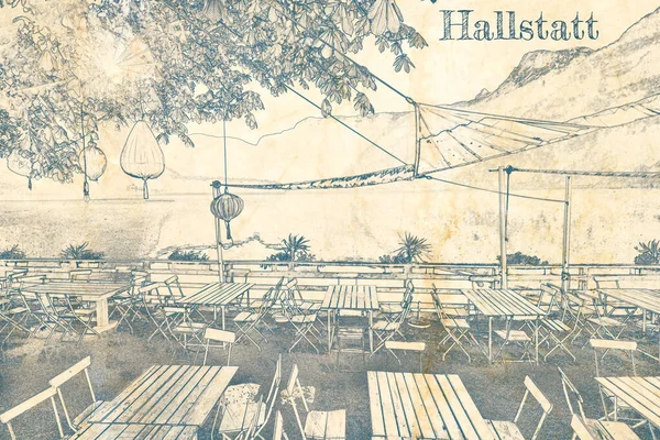 Restaurant Aan Een Meer Hallstatt Oostenrijk Schets Papier — Stockfoto