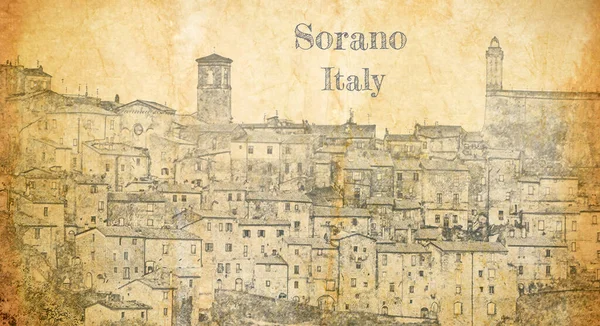 Skiss Liten Stad Sorano Över Tak Italien — Stockfoto