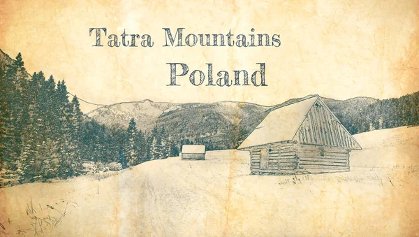 Tatra Dağları Vadi Chocholowska Polonya Eski Kağıt Üzerine Çizim — Stok fotoğraf