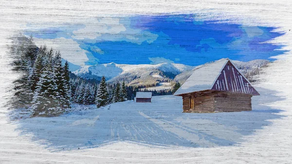 Akvarell Målning Snöiga Trästugor Vintern Tatrabergen — Stockfoto