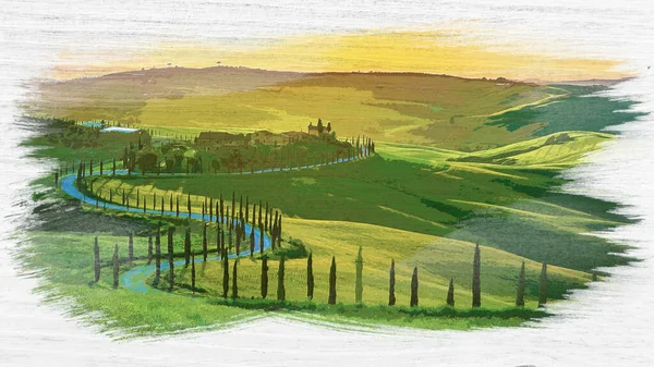 Pôr Sol Sobre Estrada Sinuosa Com Ciprestes Toscana Pintura Aquarela — Fotografia de Stock
