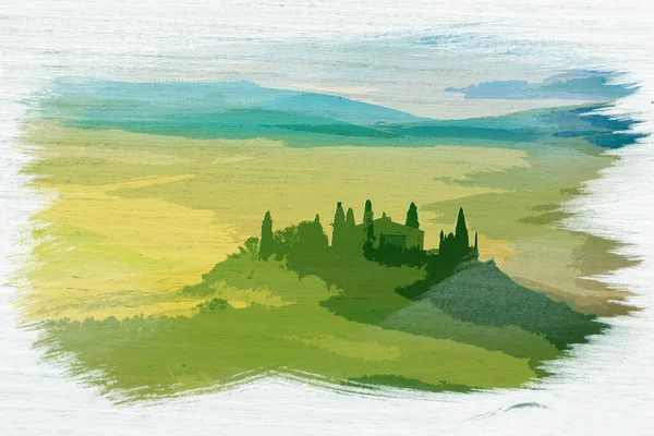 Akvarellmålning Soluppgången San Quirico Orcia Toscana Italien — Stockfoto