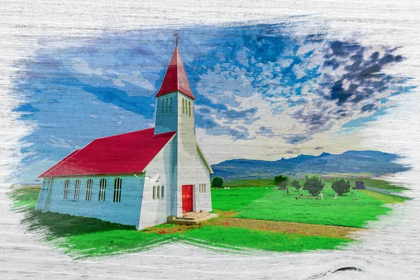 Small Church Iceland Mountain Watercolor Painting — Stock Photo, Image
