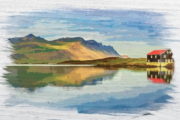 Jeden Dům Břehu Řeky Island Akvarel — Stock fotografie