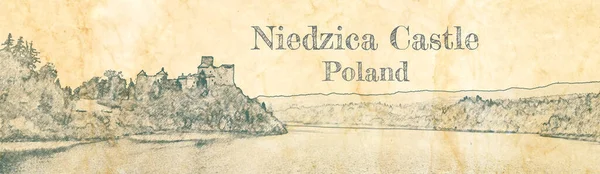 湖によるニエジカ城のパノラマ 古い紙のスケッチ — ストック写真