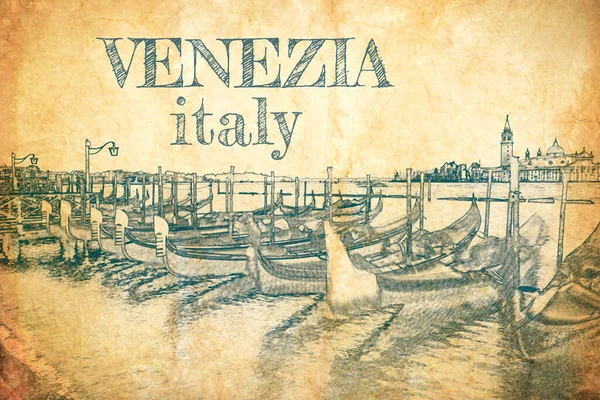 Gondolas Venedig Italien Skiss Gammalt Papper — Stockfoto