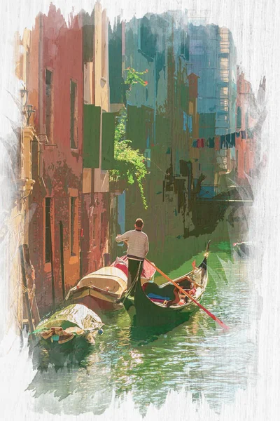 Gondolier Solitaire Venise Flottant Sur Canal Aquarelle Peinture — Photo