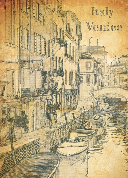 Декілька Човнів Каналі Венеції Ескіз Старому Папері — стокове фото
