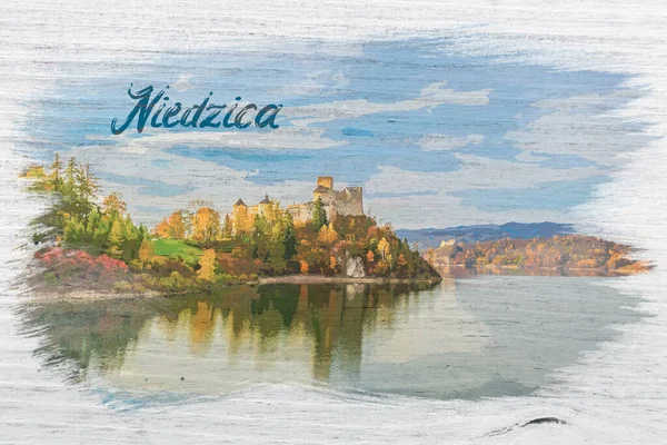 Pittura Acquerello Del Castello Niedzica Sul Lago — Foto Stock