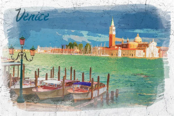 Skiss Över Gondoler Kyrkan San Giorgio Maggiore Venedig — Stockfoto