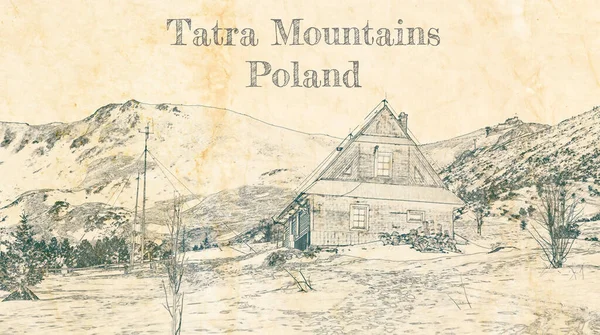 Schets Van Houten Huisje Gasienicowa Vallei Tatra Bergen — Stockfoto
