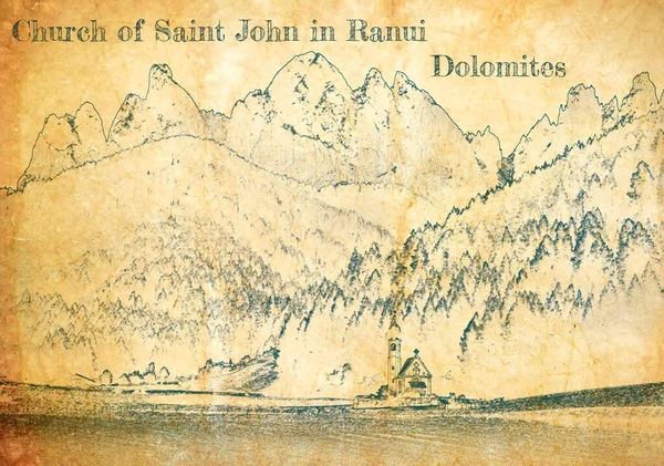 Ranui Deki Johann Kilisesi Dolomitler Eski Kağıtlara Çizim — Stok fotoğraf