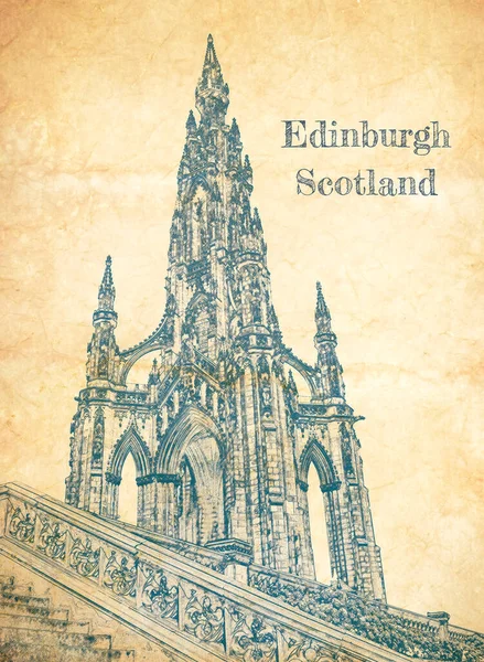 Schets Van Scott Monument Edinburgh Oud Papier — Stockfoto
