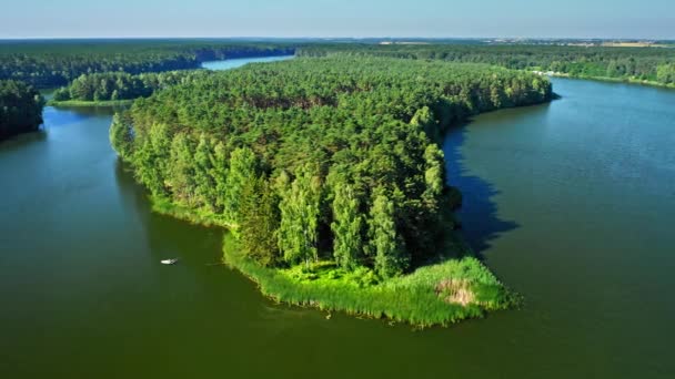 Pequeño barco pesquero en un gran lago entre bosques — Vídeos de Stock