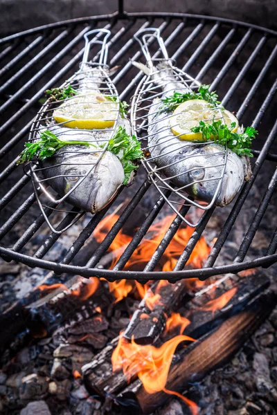有柠檬的鱼和有火的烤架上的香草 — 图库照片
